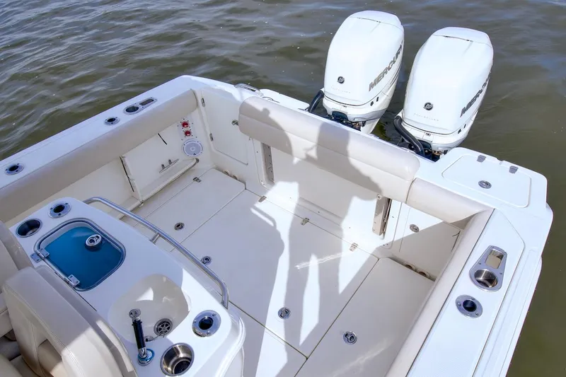 Best Opportunity Yacht Photos Pics 2017 Boston Whaler 280 Outrage boat deck with twin outboard engines.