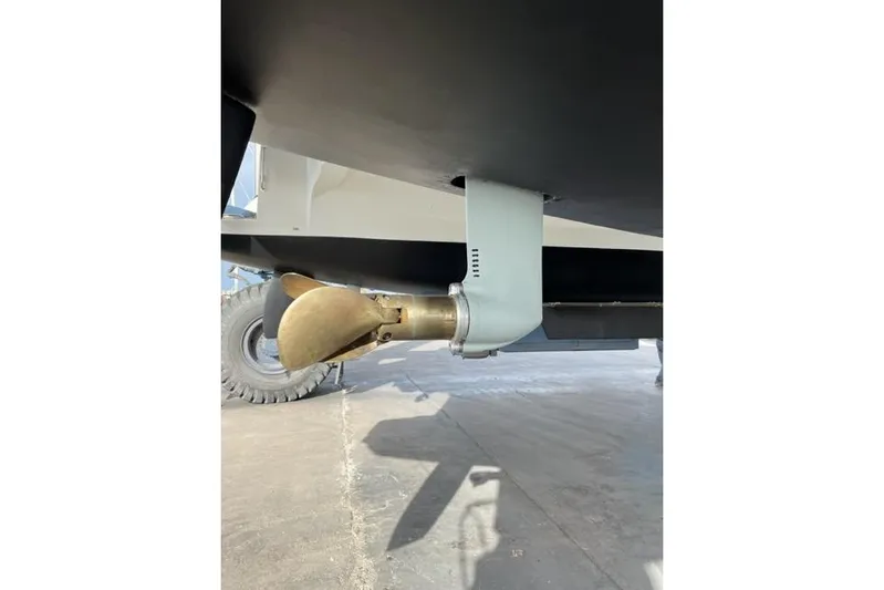  Yacht Photos Pics Propeller of 2008 Fountaine Pajot Salina 48 catamaran, close-up view.