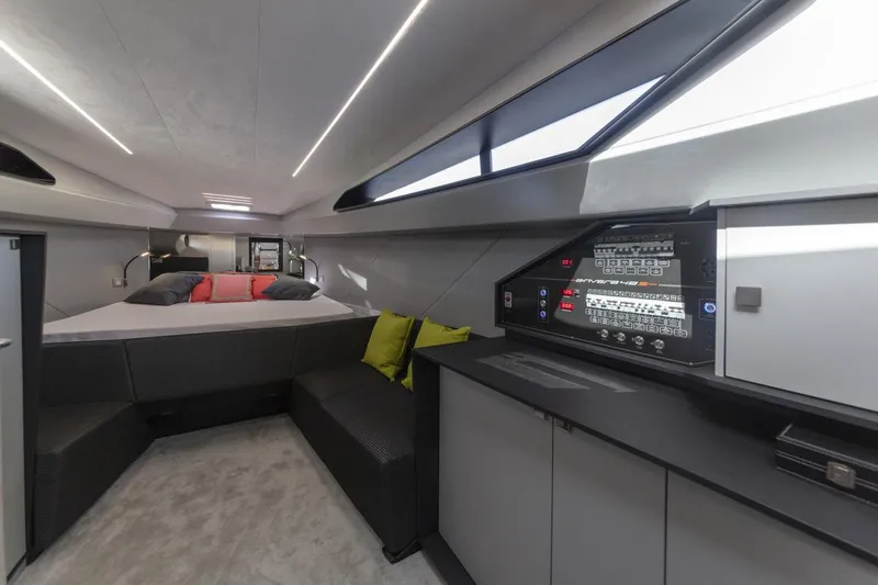 Anvera 48 Yacht Photos Pics Luxurious interior of 2025 Anvera 48 yacht with modern design and advanced control panel.