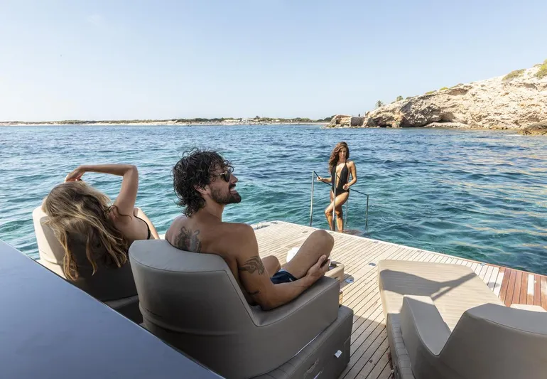 Anvera 48 Yacht Photos Pics People relaxing on Anvera 48 yacht, 2025 model, enjoying the ocean view.