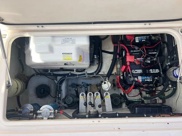  Yacht Photos Pics Engine compartment of 2013 Grady-White Freedom 335 boat, showing wiring and components.