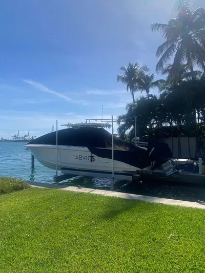 Abvios Yacht Photos Pics 2020 Boston Whaler 330 Outrage docked by palm trees and water.