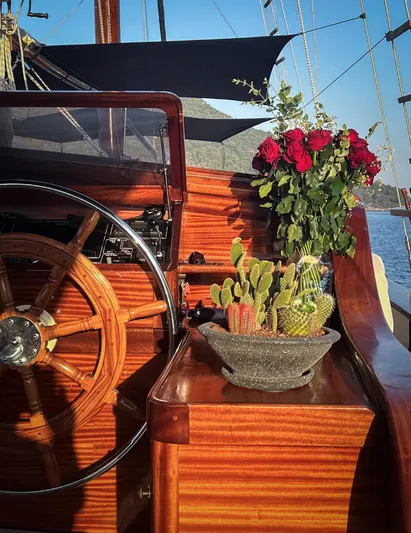 Ocean Pure Yacht Photos Pics Wooden helm of 1993 Custom Gulet Motorsailer with cacti and roses in sunlight.
