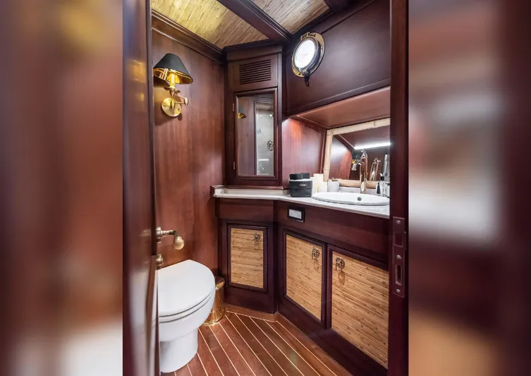 Ocean Pure Yacht Photos Pics Luxurious wooden bathroom interior on a 1993 Custom Gulet Motorsailer yacht.