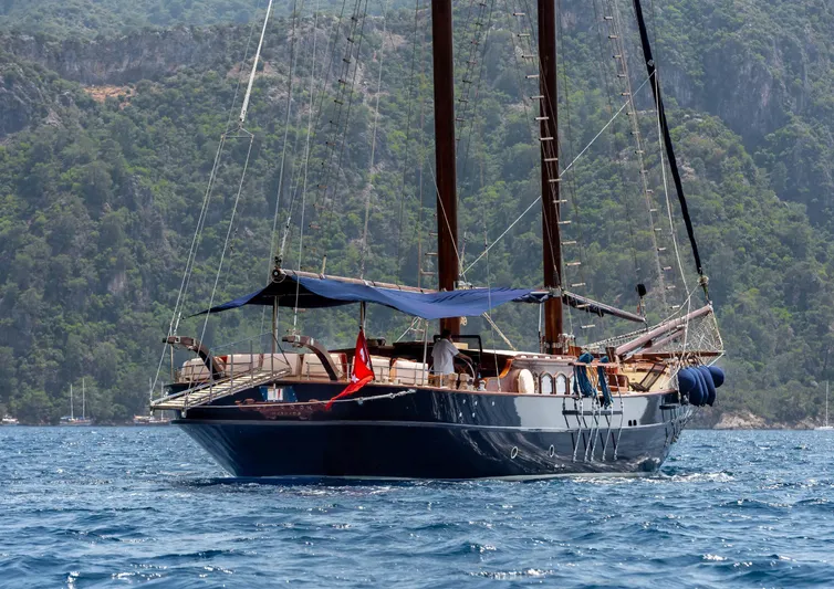 Ocean Pure Yacht Photos Pics Custom 1993 Gulet Motorsailer sailing on blue waters near lush green coastline.