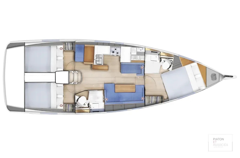 Vanilla IV Yacht Photos Pics 2023 Jeanneau Sun Odyssey 410 interior layout with cabins, kitchen, and bathrooms.