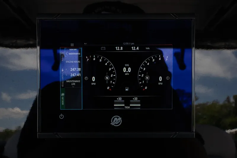  Yacht Photos Pics Dashboard display of 2023 Sunsation 32 CCX boat, showing engine metrics and RPM gauges.