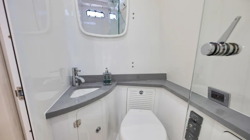 Traveller Yacht Photos Pics 2021 HCB Suenos boat bathroom with modern fixtures and compact design.