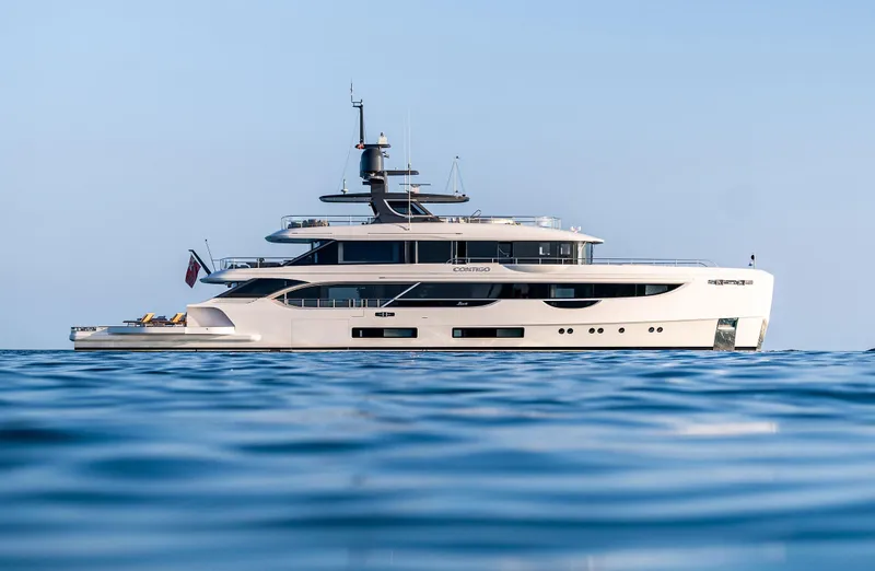 Contigo Yacht Photos Pics Luxury Benetti Oasis 40M yacht, 2024 model, cruising on calm blue waters.