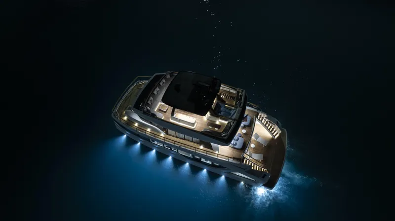 Lazzara Lpc 300 Yacht Photos Pics Luxurious 2027 Lazzara LPC 300 yacht illuminated at night, showcasing elegant design and ambient lighting.
