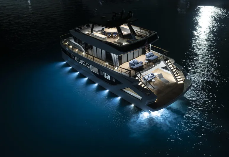 Lazzara Lpc 300 Yacht Photos Pics Luxurious 2027 Lazzara LPC 300 yacht illuminated at night on calm waters.