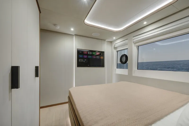 Lazzara Lpc 300 Yacht Photos Pics Luxurious cabin interior of 2027 Lazzara LPC 300 yacht with ocean view and modern amenities.