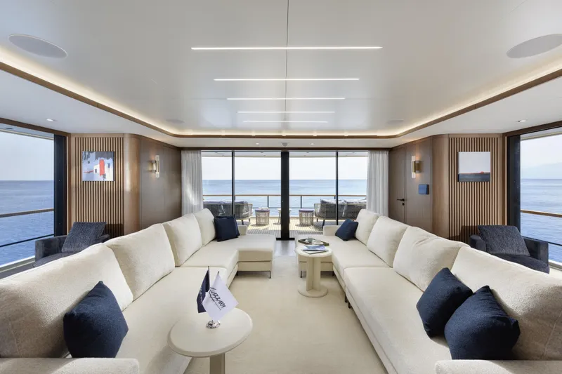 Lazzara Lpc 300 Yacht Photos Pics Luxurious interior of 2027 Lazzara LPC 300 yacht with ocean view and elegant seating.