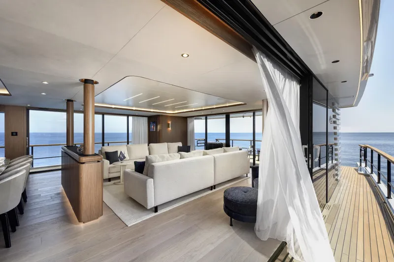 Lazzara Lpc 300 Yacht Photos Pics Luxurious interior of 2027 Lazzara LPC 300 yacht with ocean view and elegant furnishings.