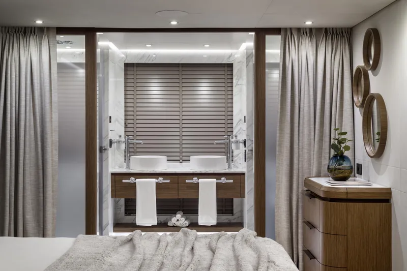 Lazzara Lpc 300 Yacht Photos Pics Luxurious bathroom interior on 2027 Lazzara LPC 300 yacht, featuring modern design and elegant fixtures.