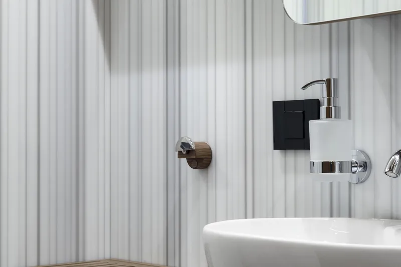 Lazzara Lpc 300 Yacht Photos Pics Modern bathroom with sleek fixtures on a textured wall, Lazzara LPC 300, 2027 model.