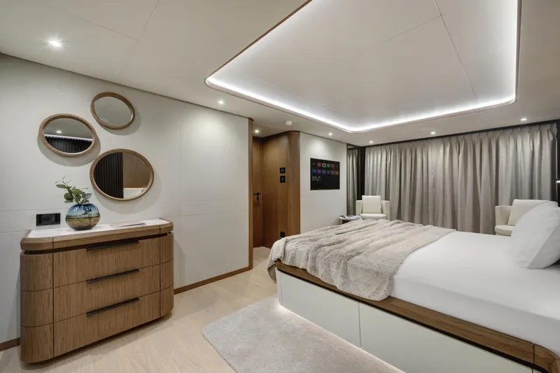 Lazzara Lpc 300 Yacht Photos Pics Luxurious 2027 Lazzara LPC 300 yacht bedroom with modern decor and ambient lighting.