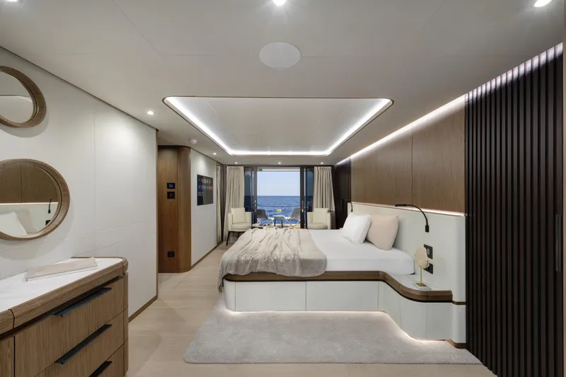 Lazzara Lpc 300 Yacht Photos Pics Luxurious 2027 Lazzara LPC 300 yacht bedroom with ocean view and modern decor.