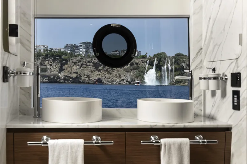 Lazzara Lpc 300 Yacht Photos Pics Luxurious Lazzara LPC 300 yacht bathroom with scenic waterfall view, 2027 model.