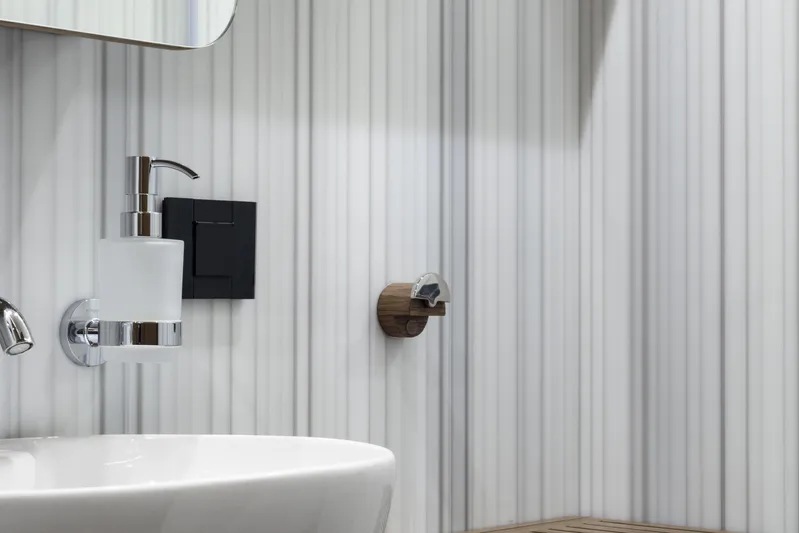 Lazzara Lpc 300 Yacht Photos Pics Modern bathroom interior with sleek fixtures on a Lazzara LPC 300, 2027 model.