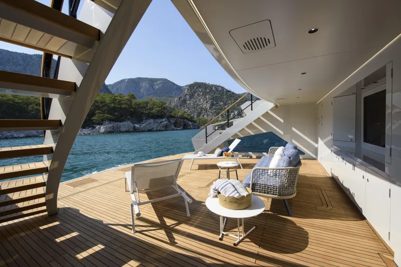 Lazzara Lpc 300 Yacht Photos Pics Luxurious Lazzara LPC 300 yacht deck with scenic ocean and mountain views, 2027 model.