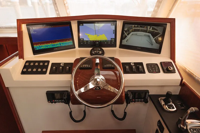  Yacht Photos Pics Helm of 2022 Composite Yacht CY46 with advanced navigation displays and controls.