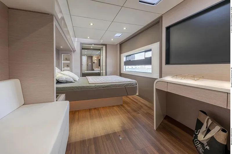  Yacht Photos Pics Luxurious interior of 2026 Aventura 56 Motor Yacht with modern bedroom design.