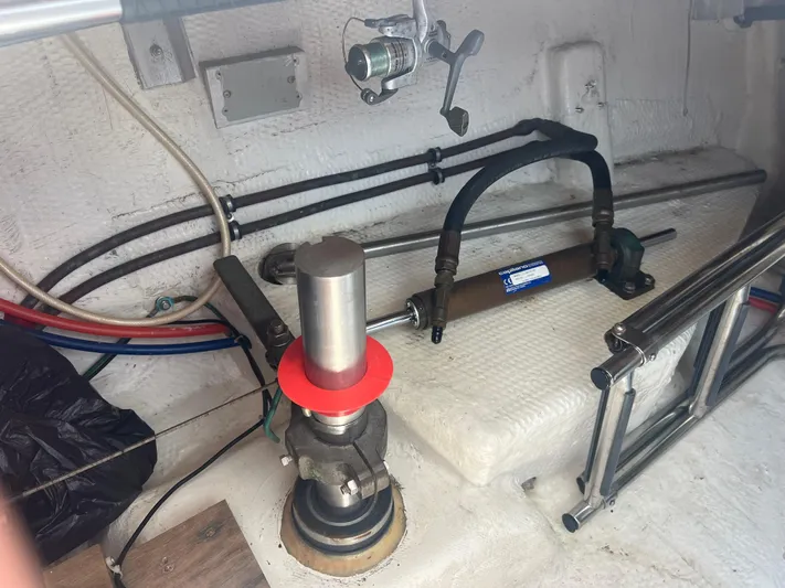  Yacht Photos Pics Engine compartment of a 1998 Cherubini Independence boat, showing mechanical components and wiring.