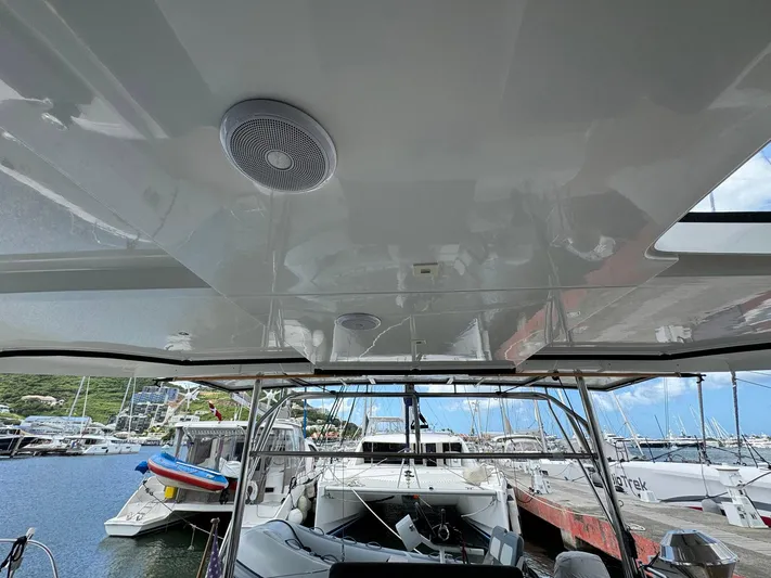 Bluevana Yacht Photos Pics 2023 Lagoon 42 catamaran docked at marina, view from interior looking out.