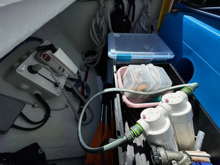 Bluevana Yacht Photos Pics Storage area on a 2023 Lagoon 42 catamaran with equipment and supplies.