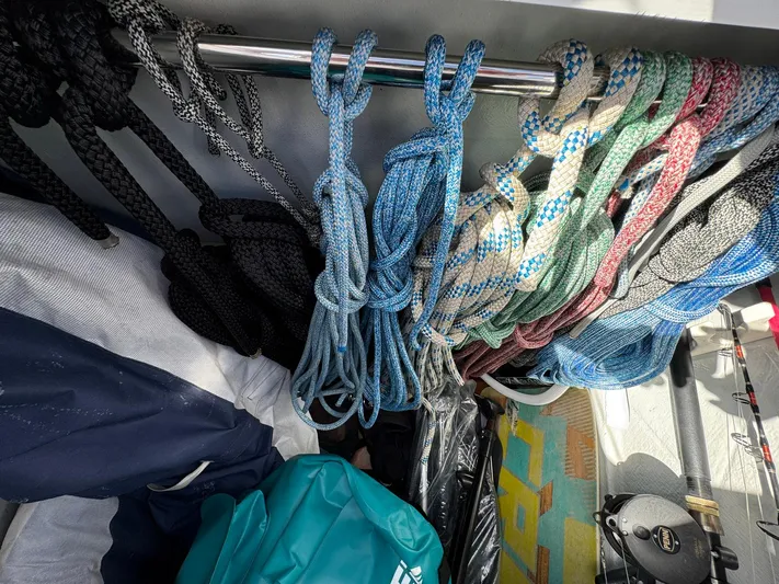 Bluevana Yacht Photos Pics Colorful ropes neatly organized on a Lagoon 42 sailboat, 2023 model.