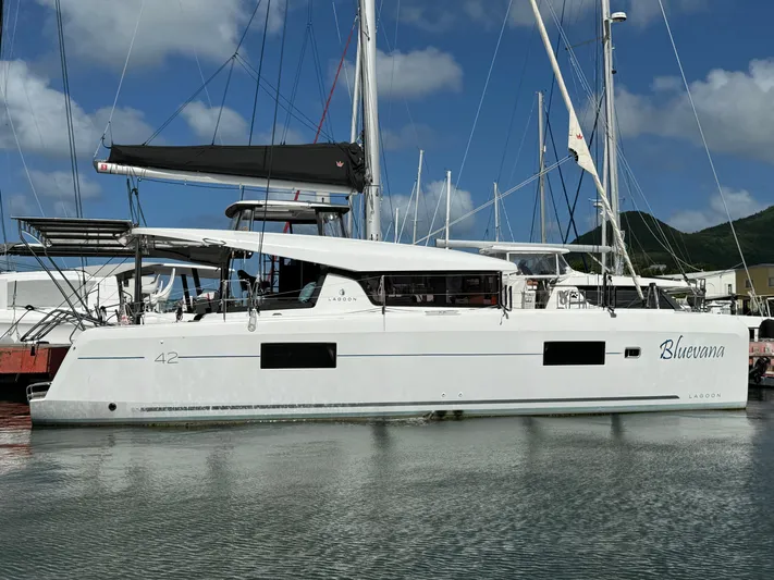 Bluevana Yacht Photos Pics 2023 Lagoon 42 catamaran "Bluevana" docked in a marina under a clear blue sky.