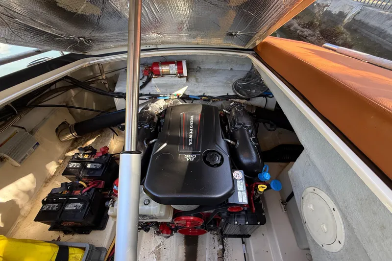  Yacht Photos Pics Engine compartment of a 2018 Chris-Craft Capri 27 boat with Volvo Penta V8 engine.