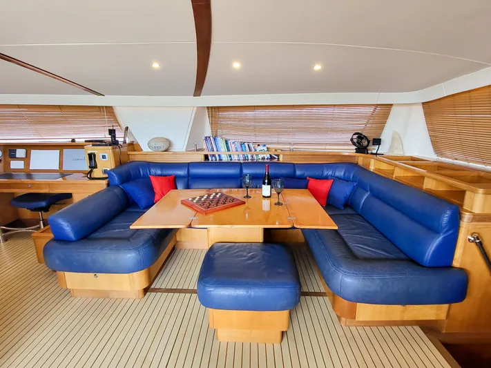 Libeccio Yacht Photos Pics Luxurious interior of 2009 Catana 65 yacht with blue leather seating and wooden table.