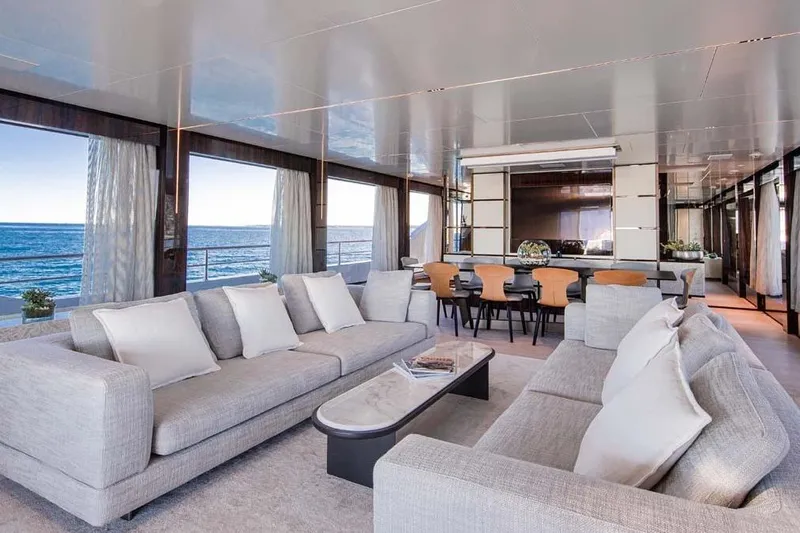 Oceanic 143 Yacht Photos Pics Luxurious interior of 2023 Canados Expedition Yacht with elegant seating and ocean views.
