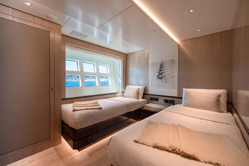 Oceanic 143 Yacht Photos Pics Luxurious twin bedroom on 2023 Canados Expedition Yacht with ocean view and modern decor.