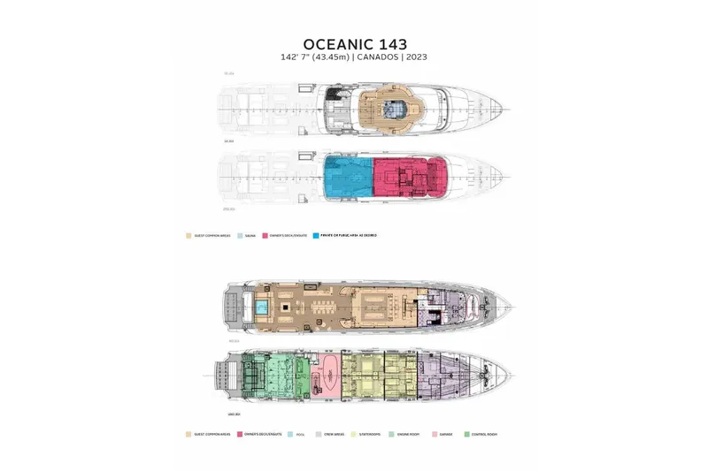Oceanic 143 Yacht Photos Pics Floor plan of 2023 Canados Expedition Yacht, Oceanic 143, showcasing detailed layout and color-coded areas.