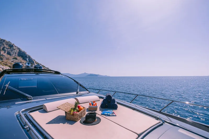  Yacht Photos Pics Luxurious 2006 Riva 68 Ego yacht with sunbathing deck, ocean view, and picnic setup.