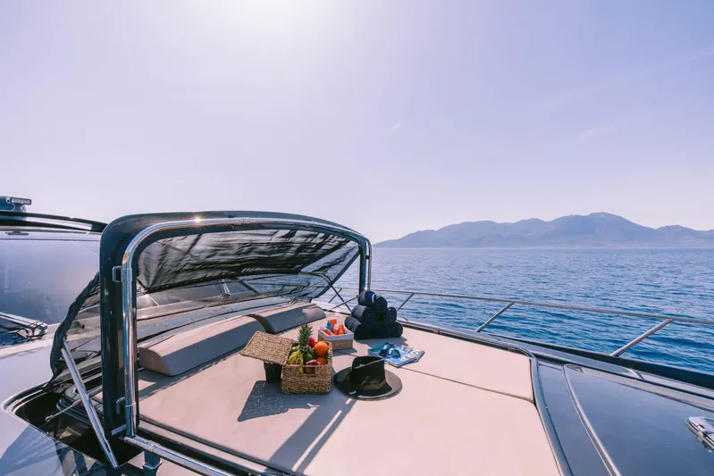  Yacht Photos Pics Luxurious 2006 Riva 68 Ego yacht with sunbathing deck, picnic setup, and scenic ocean view.