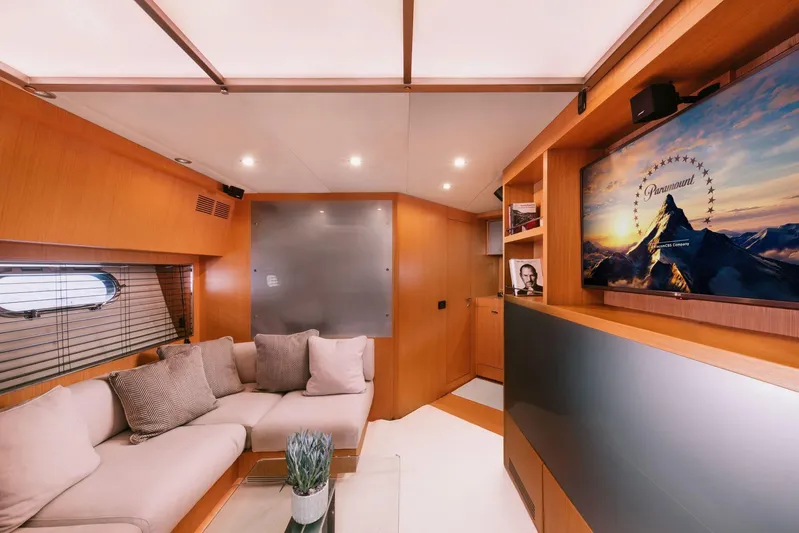  Yacht Photos Pics Luxurious interior of 2006 Riva 68 Ego yacht with cozy seating and entertainment system.