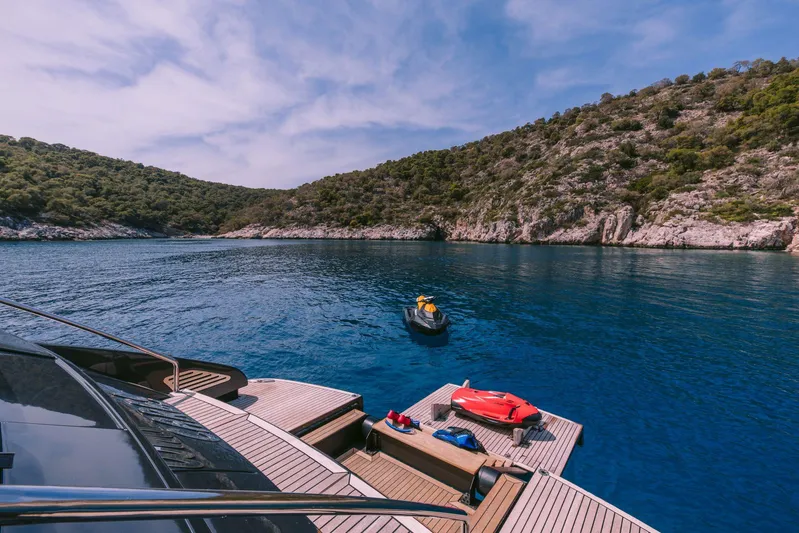  Yacht Photos Pics Luxury yacht Riva 68 Ego, 2006, anchored in scenic bay with clear blue water.