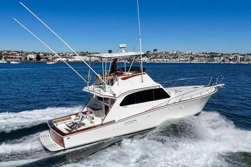 Un Dia Yacht Photos Pics 1984 Post 43 yacht cruising on blue water with cityscape in the background.