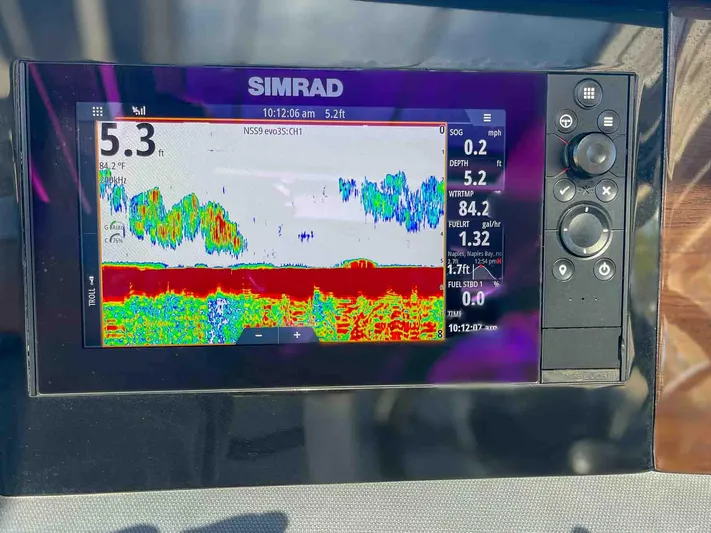  Yacht Photos Pics Simrad fish finder display on 2021 Chaparral 300 OSX boat, showing depth and sonar data.