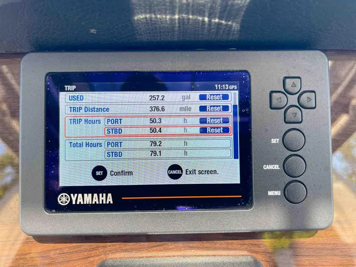  Yacht Photos Pics Yamaha display showing trip data on a 2021 Chaparral 300 OSX boat.