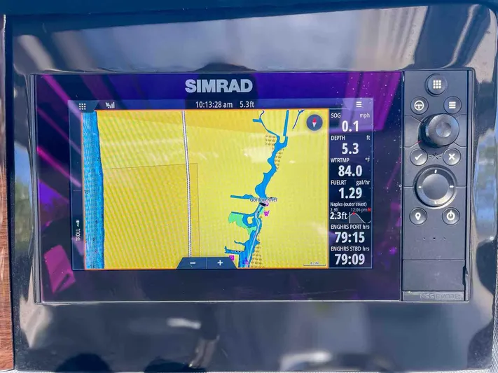  Yacht Photos Pics Simrad navigation display on 2021 Chaparral 300 OSX boat, showing map and data.