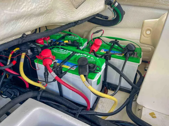  Yacht Photos Pics Batteries and wiring inside a 2021 Chaparral 300 OSX boat.