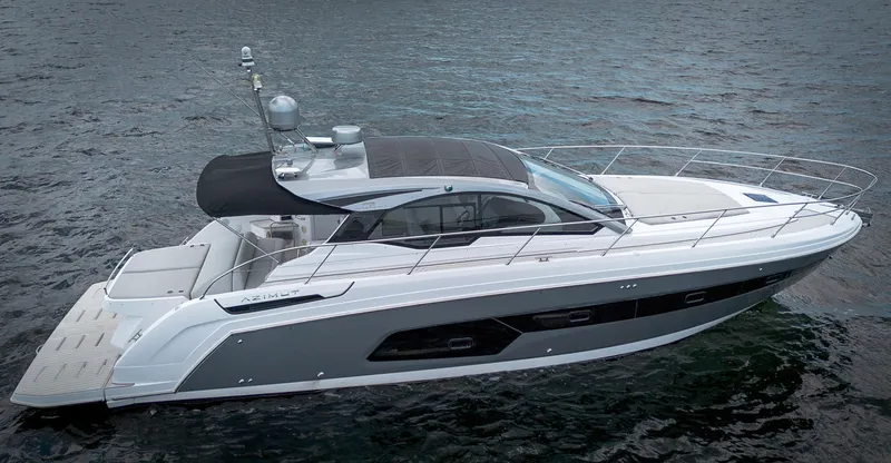  Yacht Photos Pics 2023 Azimut Atlantis 45 yacht on water, sleek design, luxury features.