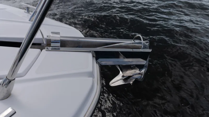  Yacht Photos Pics Anchor system on 2023 Azimut Atlantis 45 yacht, positioned over water.