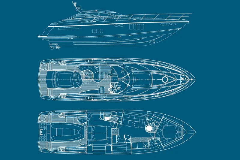 Yacht Photos Pics Blueprint of 2007 Absolute 56 HT yacht, showcasing side, top, and interior views.