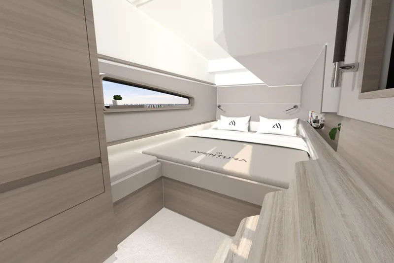 Yacht Photos Pics Luxurious interior of 2026 Aventura 38 Motor Yacht cabin with modern design and cozy bedding.